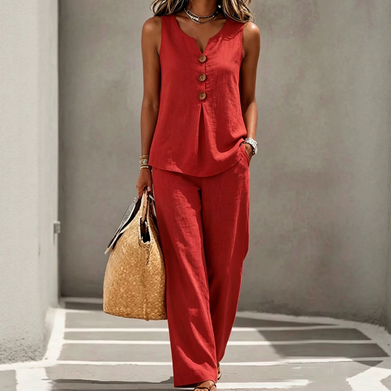 Elegant Linen Two-Piece Outfit – Button Vest & Loose-Fit Pants Set