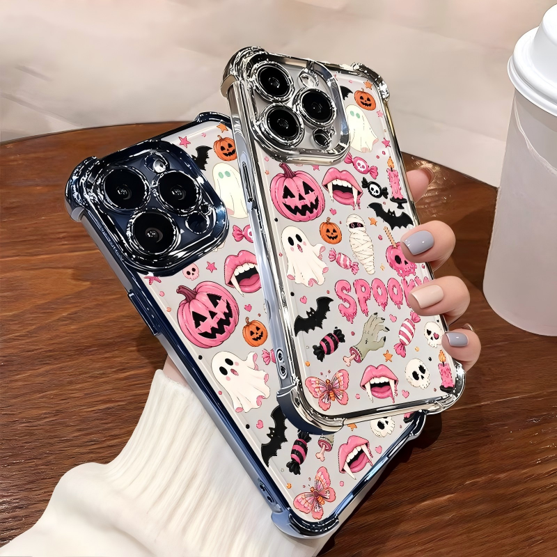 4-Corner Anti-Fall, Cute Candy Pumpkin Ghost Design, Transparent Non-Yellowing Shockproof Cover
