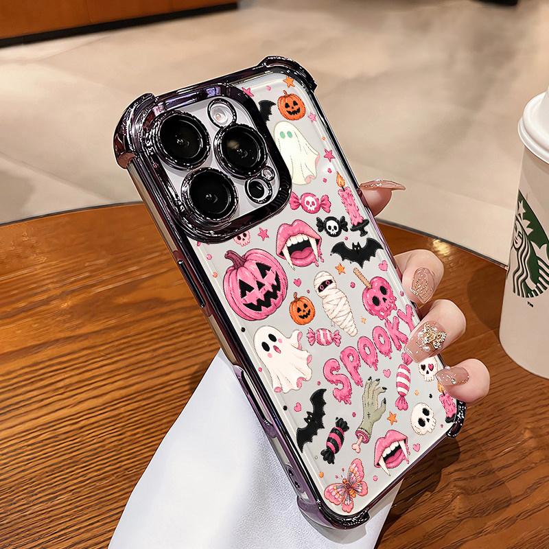 4-Corner Anti-Fall, Cute Candy Pumpkin Ghost Design, Transparent Non-Yellowing Shockproof Cover