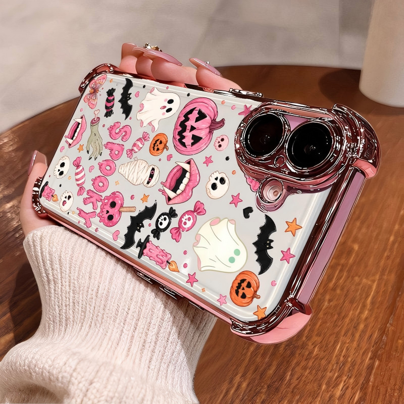 4-Corner Anti-Fall, Cute Candy Pumpkin Ghost Design, Transparent Non-Yellowing Shockproof Cover