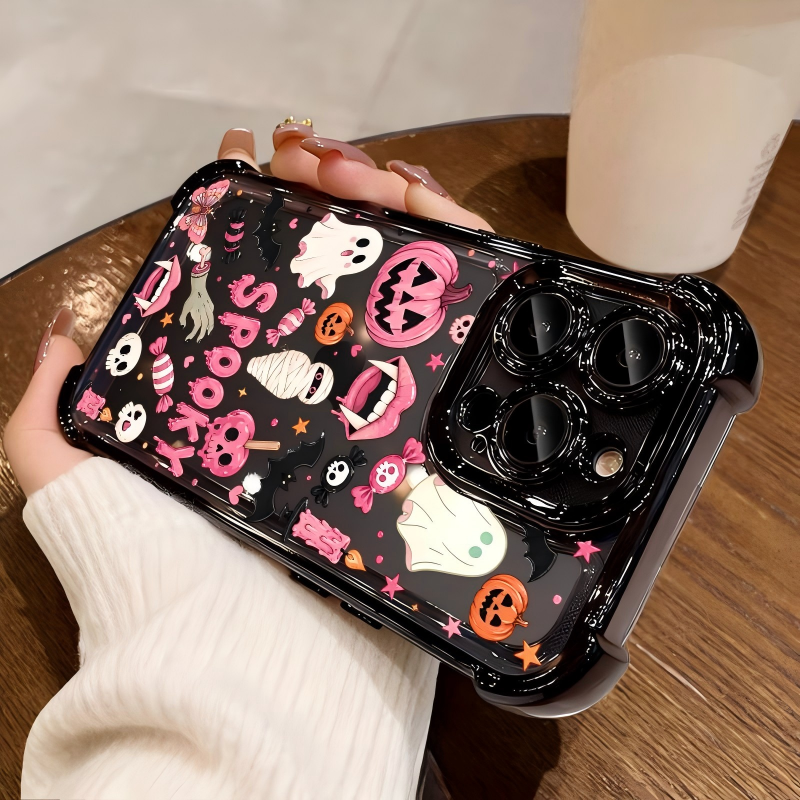 4-Corner Anti-Fall, Cute Candy Pumpkin Ghost Design, Transparent Non-Yellowing Shockproof Cover