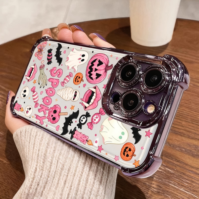 4-Corner Anti-Fall, Cute Candy Pumpkin Ghost Design, Transparent Non-Yellowing Shockproof Cover
