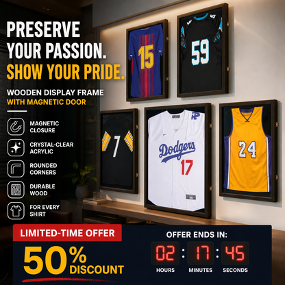 Wooden Memorial Jersey Display Frame (Magnetic Door) – Keep Your Sweat & Love In Perfect Condition!