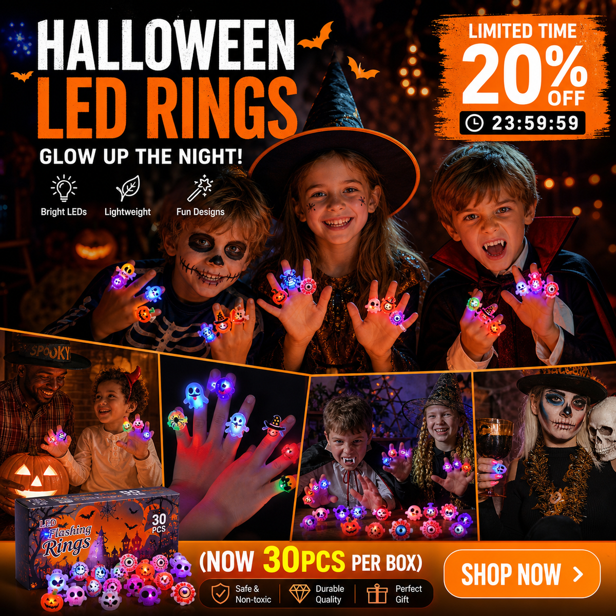 50 Pieces Each Box‼LED Light Halloween Glowing Ring | Flashing Light‑Up Party Favor for Halloween Night