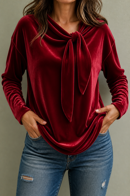 Velvet Tie-Neck Relaxed Blouse