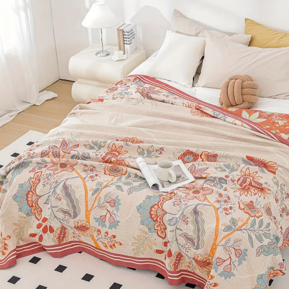 Reversible Cotton Blanket with Vineyard Blossom Design