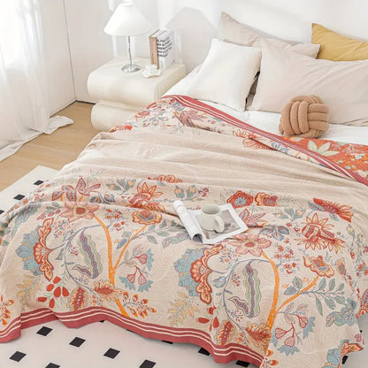 Reversible Cotton Blanket with Vineyard Blossom Design