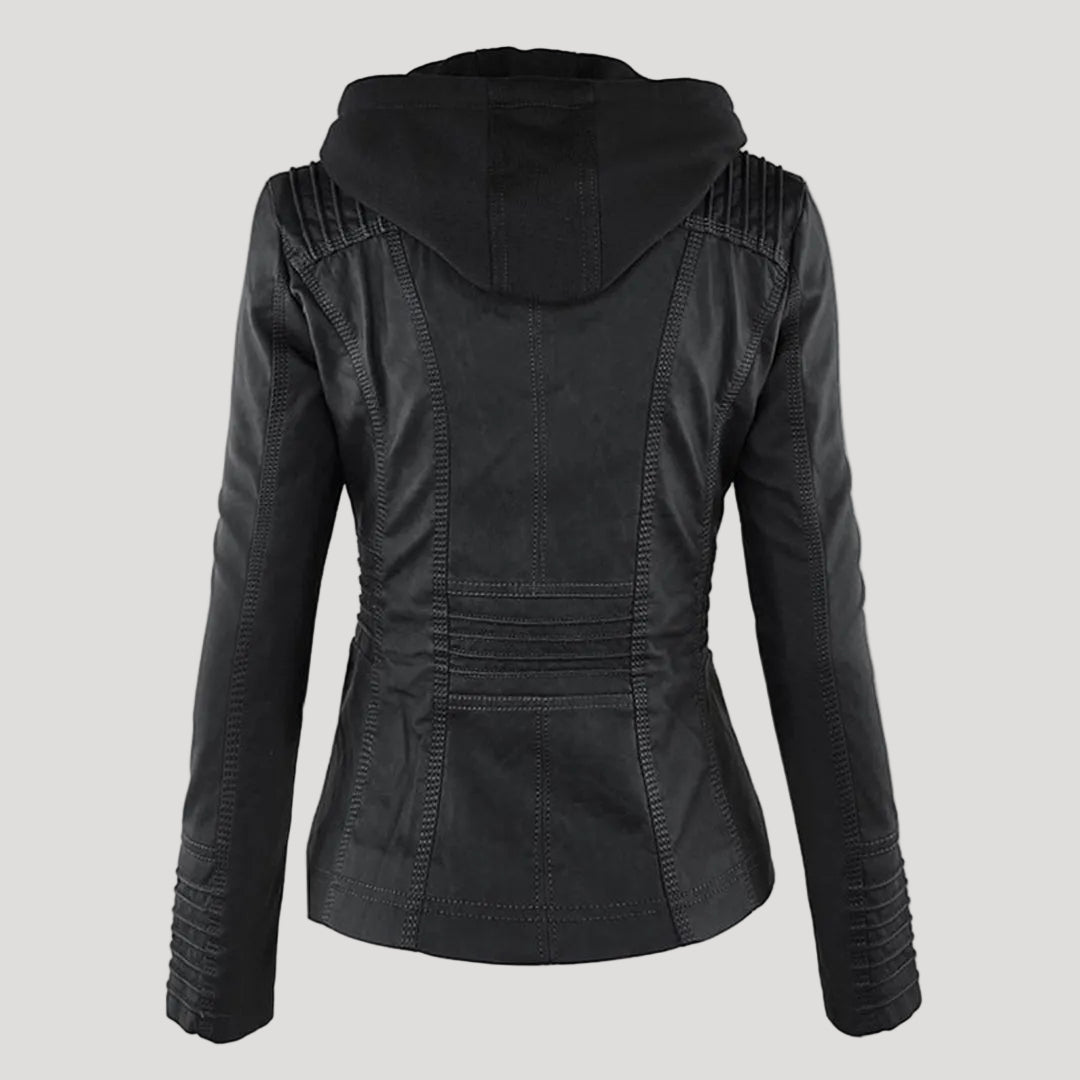 Weather-Resistant Faux Leather Hooded Jacket