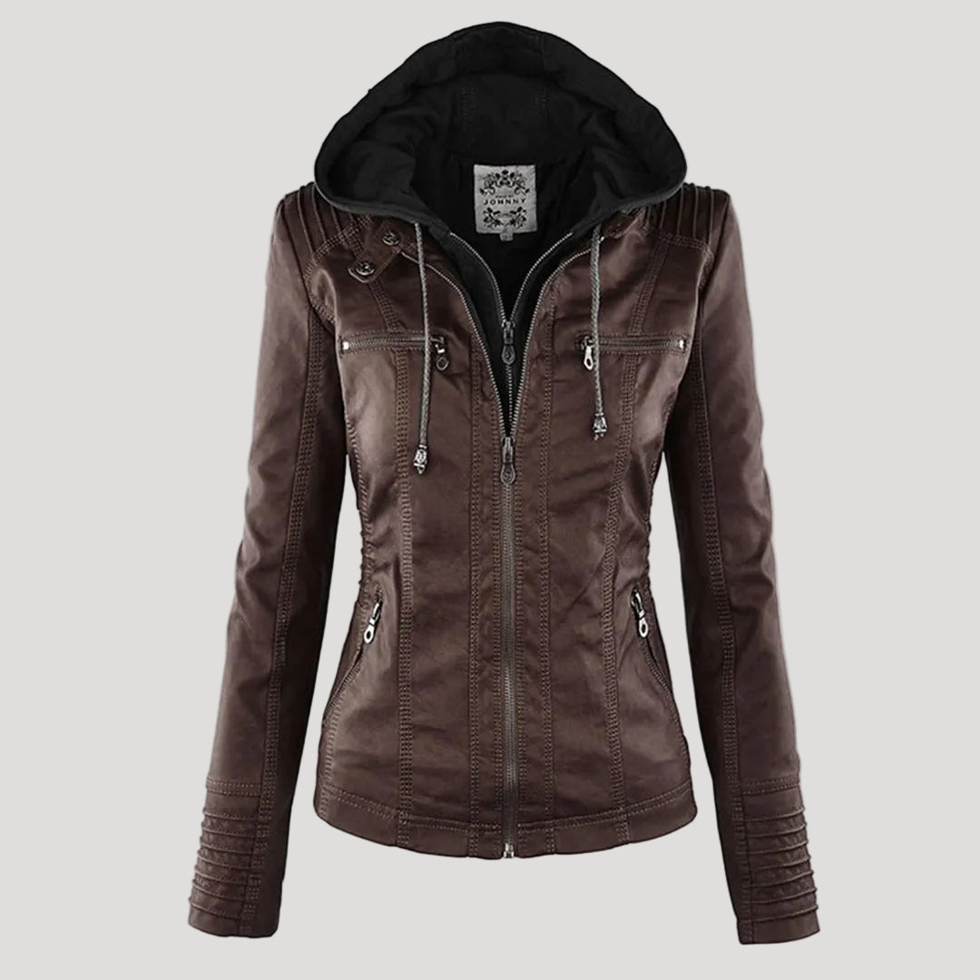 Weather-Resistant Faux Leather Hooded Jacket