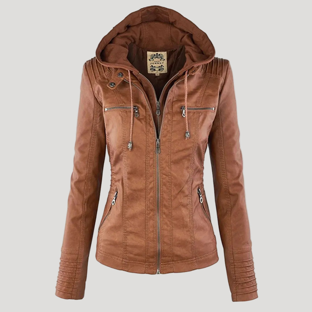 Weather-Resistant Faux Leather Hooded Jacket