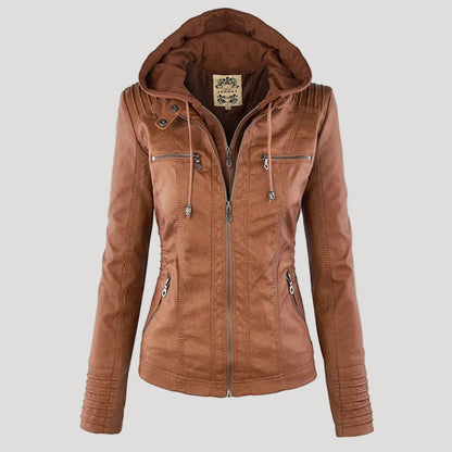 Weather-Resistant Faux Leather Hooded Jacket