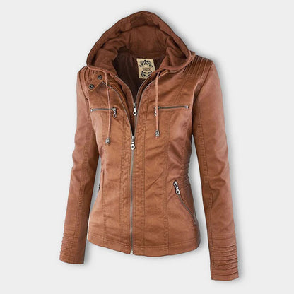 Weather-Resistant Faux Leather Hooded Jacket