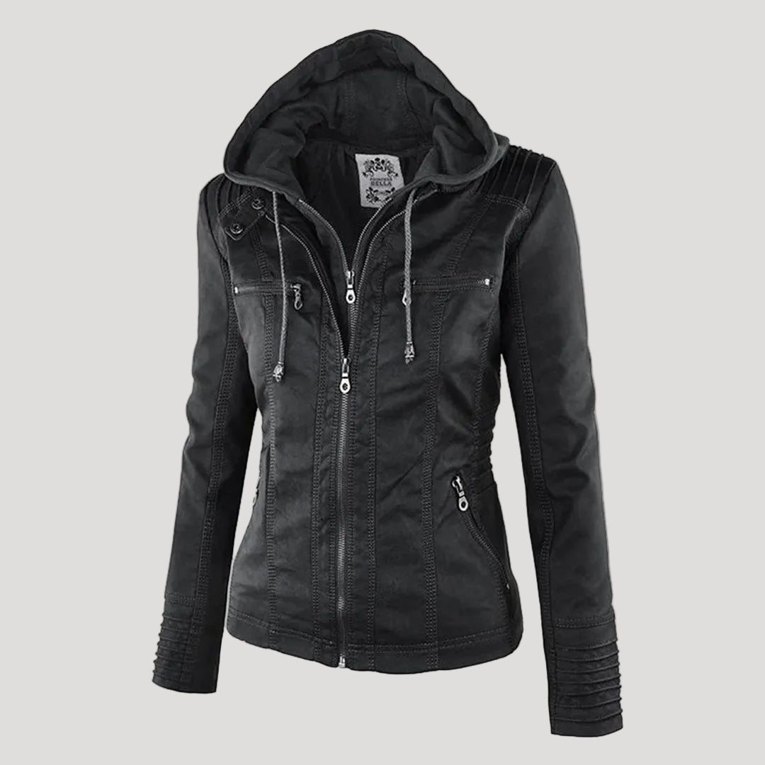 Weather-Resistant Faux Leather Hooded Jacket