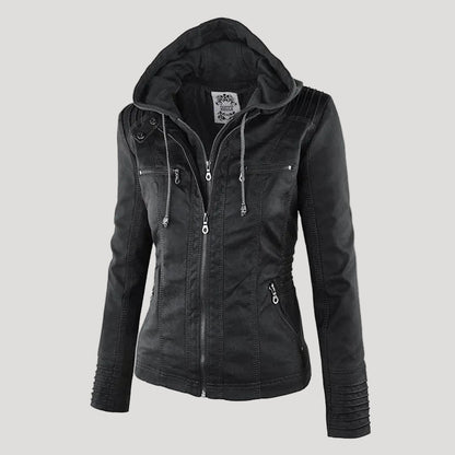 Weather-Resistant Faux Leather Hooded Jacket