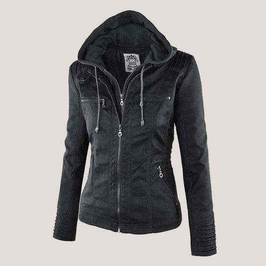 Weather-Resistant Faux Leather Hooded Jacket