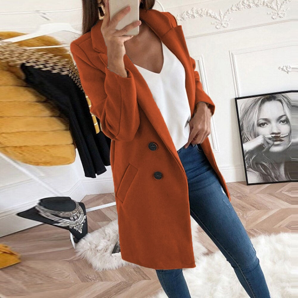Women's Chic Coat with Lapel Collar and Pockets