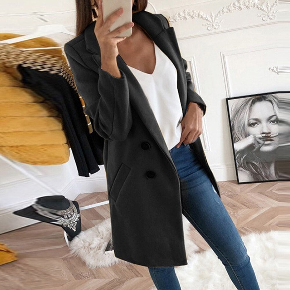 Women's Chic Coat with Lapel Collar and Pockets