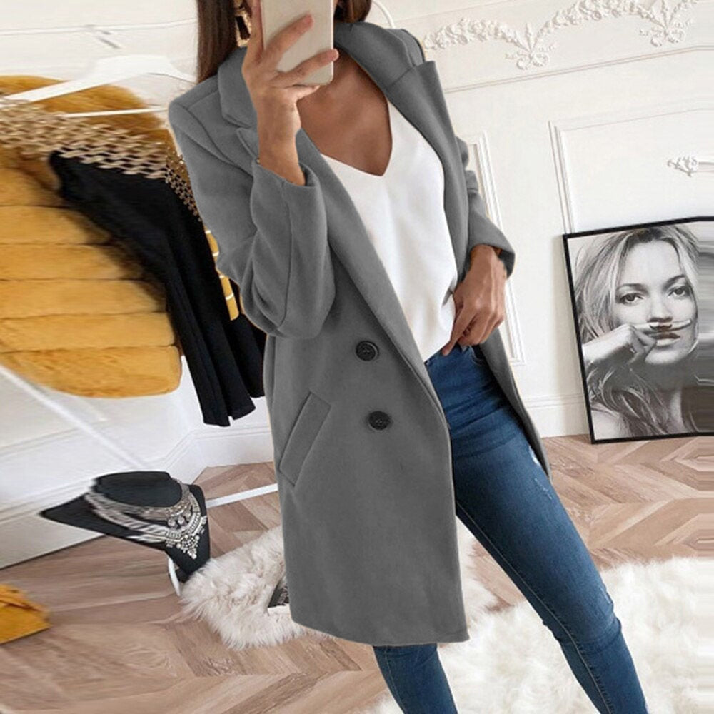 Women's Chic Coat with Lapel Collar and Pockets