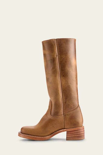Women's Dark Brown Leather Knee-High Block-Heel Boots