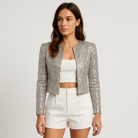 Women's Elegant Sequin Cropped Blazer Jacket for Evenings