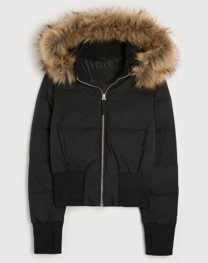 Women's Faux-Fur Trim Zip-Up Cropped Hooded Puffer Jacket
