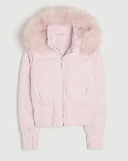 Women's Faux-Fur Trim Zip-Up Cropped Hooded Puffer Jacket