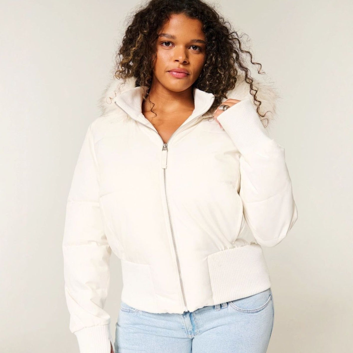 Women's Faux-Fur Trim Zip-Up Cropped Hooded Puffer Jacket