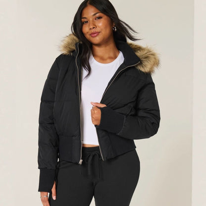 Women's Faux-Fur Trim Zip-Up Cropped Hooded Puffer Jacket