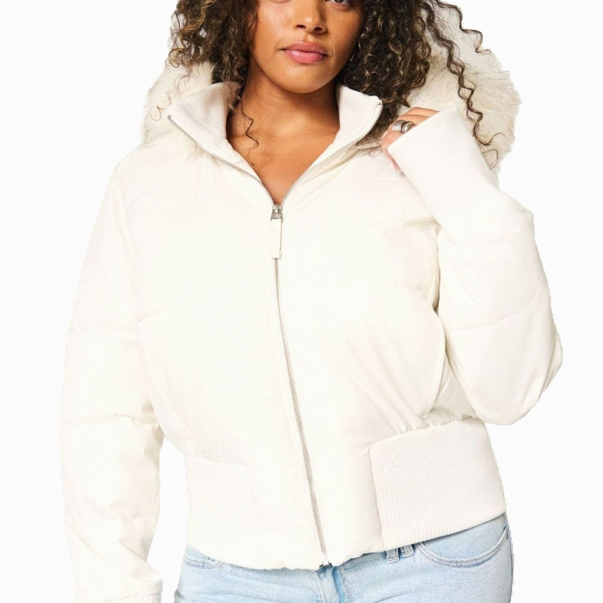 Women's Faux-Fur Trim Zip-Up Cropped Hooded Puffer Jacket