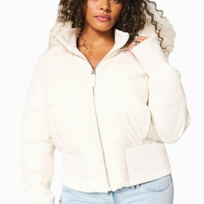 Women's Faux-Fur Trim Zip-Up Cropped Hooded Puffer Jacket