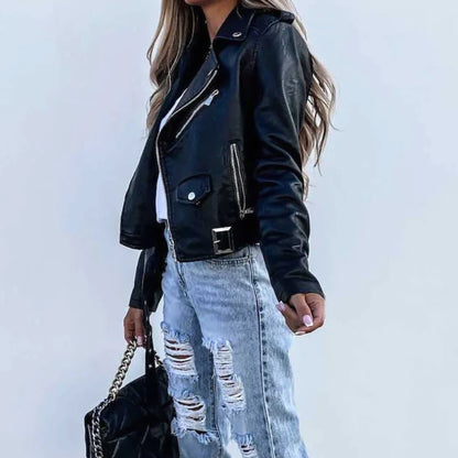 Women's Faux Leather Asymmetric-Zip Moto Biker Jacket