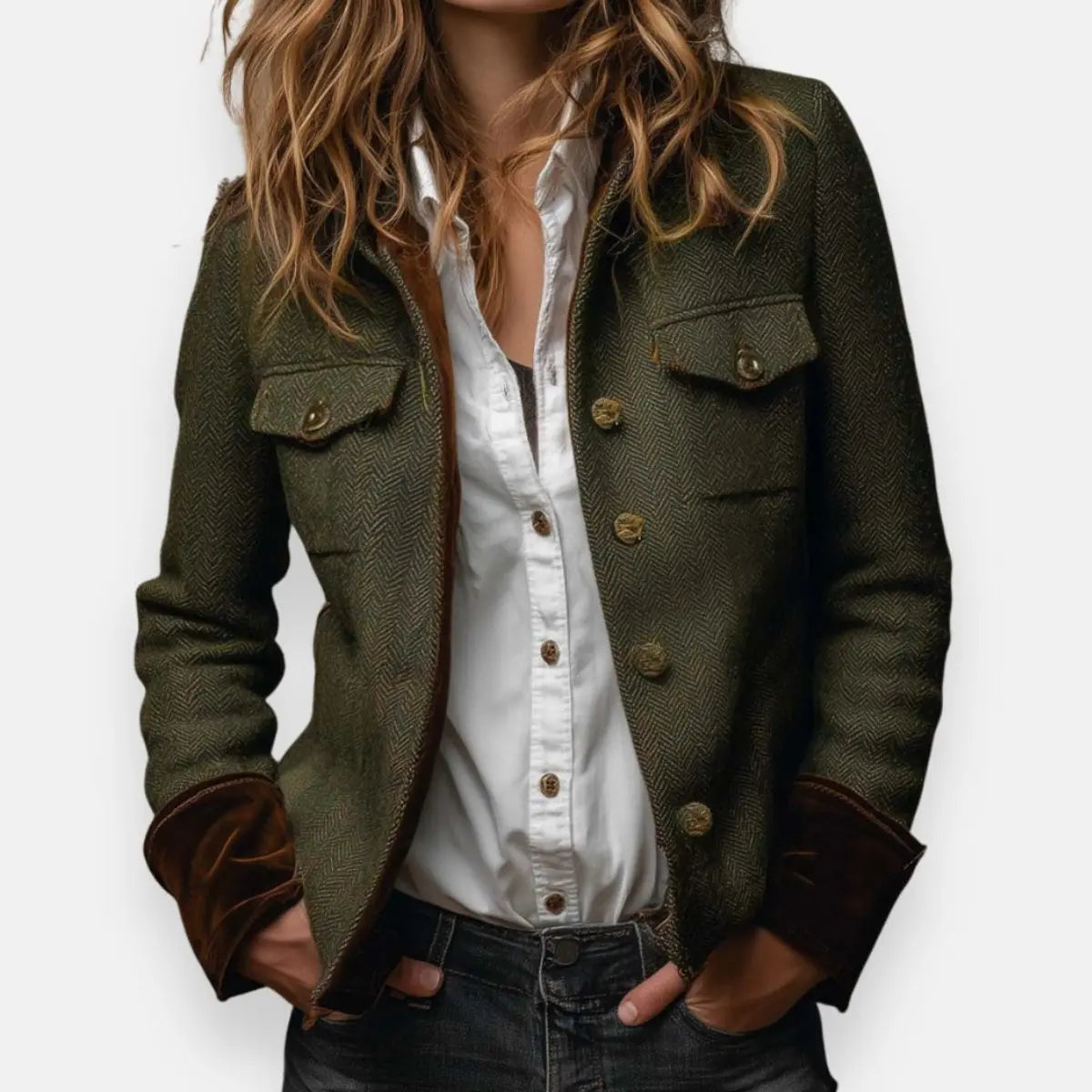 Women's Herringbone Tweed Utility Quilted Jacket with Gold Button Detail