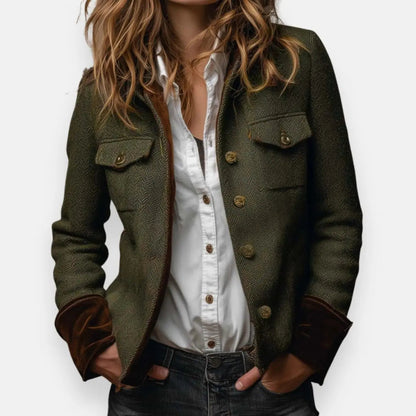Women's Herringbone Tweed Utility Quilted Jacket with Gold Button Detail