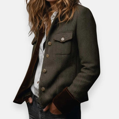 Women's Herringbone Tweed Utility Quilted Jacket with Gold Button Detail