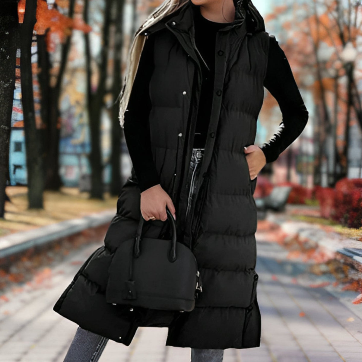 Women's Hooded Sleeveless Puffer Long Coat