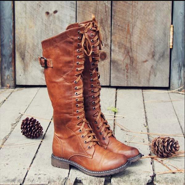 Women's Knee-High Lace-Up Leather Boots with Orthopedic Comfort