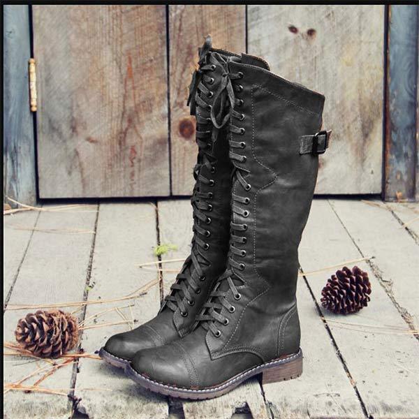Women's Knee-High Lace-Up Leather Boots with Orthopedic Comfort