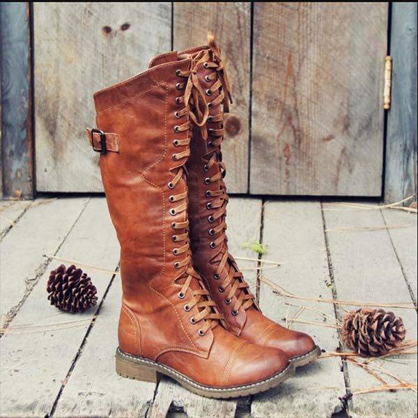 Women's Knee-High Lace-Up Leather Boots with Orthopedic Comfort