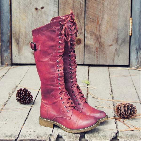 Women's Knee-High Lace-Up Leather Boots with Orthopedic Comfort