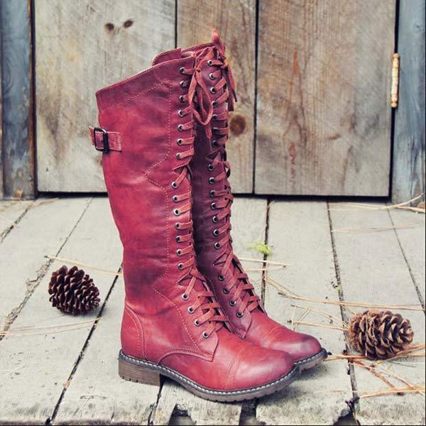 Women's Knee-High Lace-Up Leather Boots with Orthopedic Comfort