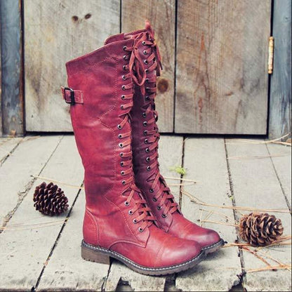 Women's Knee-High Lace-Up Leather Boots with Orthopedic Comfort