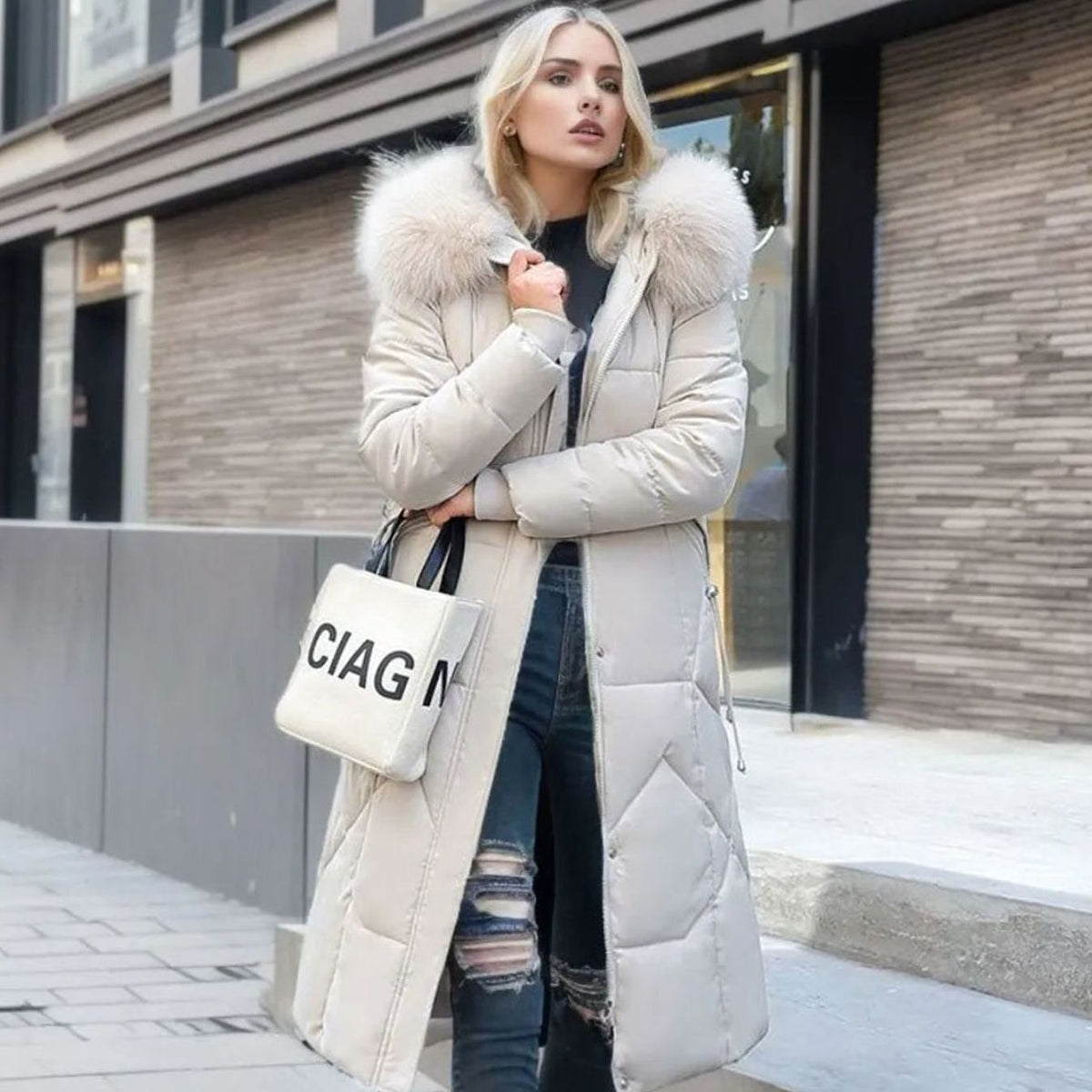 Women's Long Hooded Fur-Trim Quilted Coat