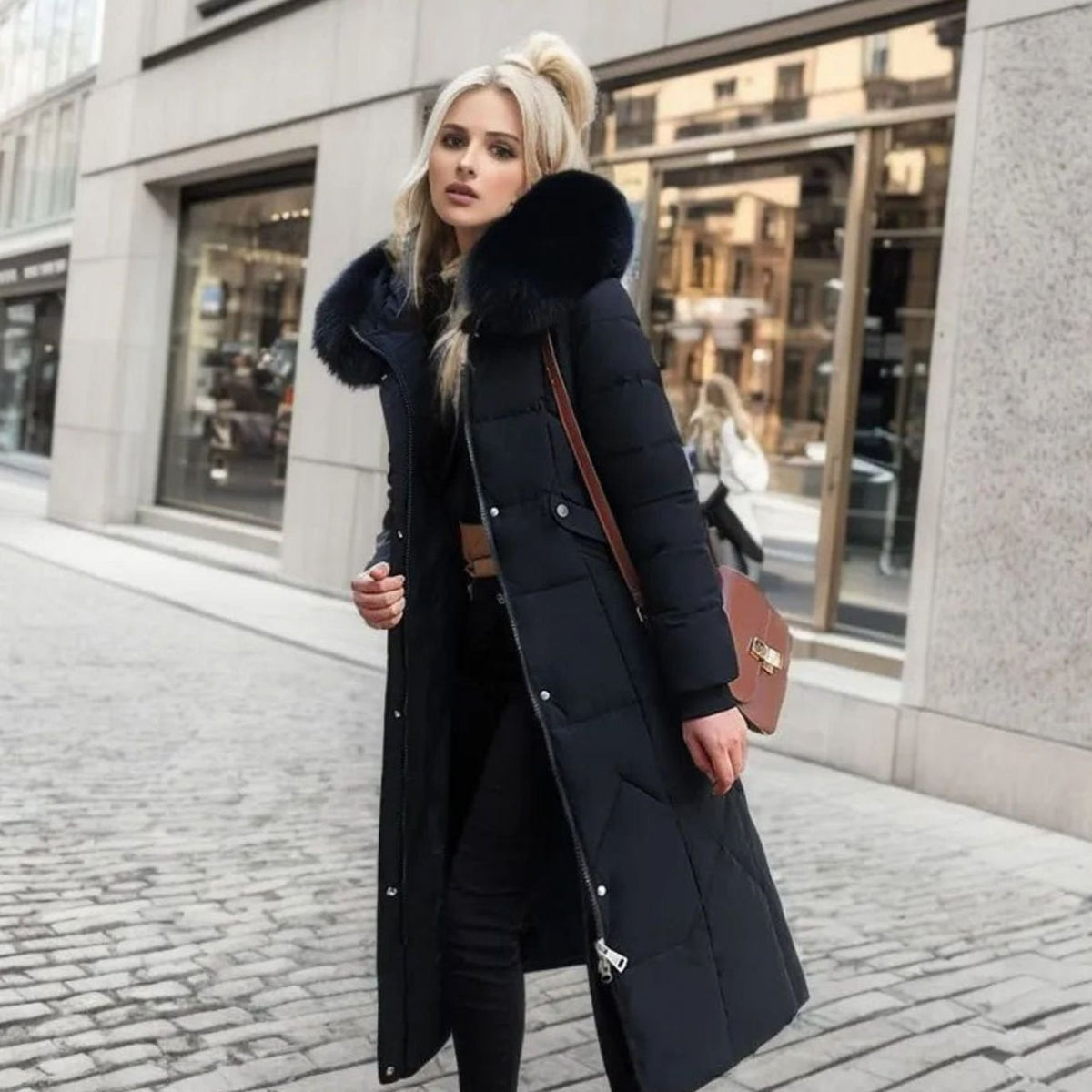 Women's Long Hooded Fur-Trim Quilted Coat