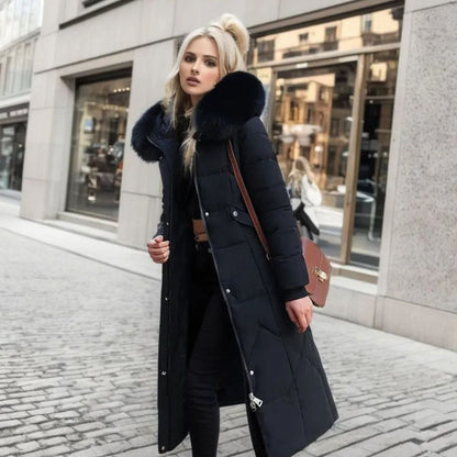 Women's Long Hooded Fur-Trim Quilted Coat