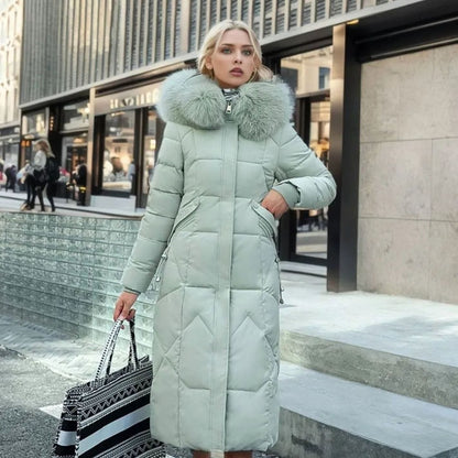 Women's Long Hooded Fur-Trim Quilted Coat