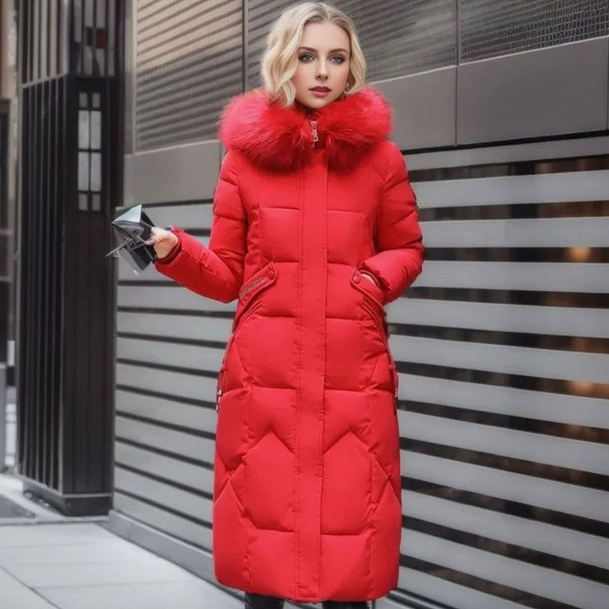 Women's Long Hooded Fur-Trim Quilted Coat