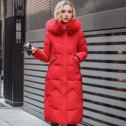Women's Long Hooded Fur-Trim Quilted Coat