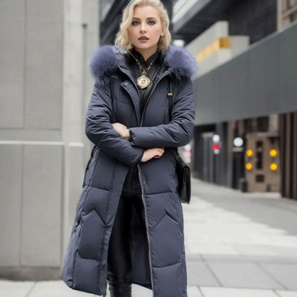 Women's Long Hooded Fur-Trim Quilted Coat