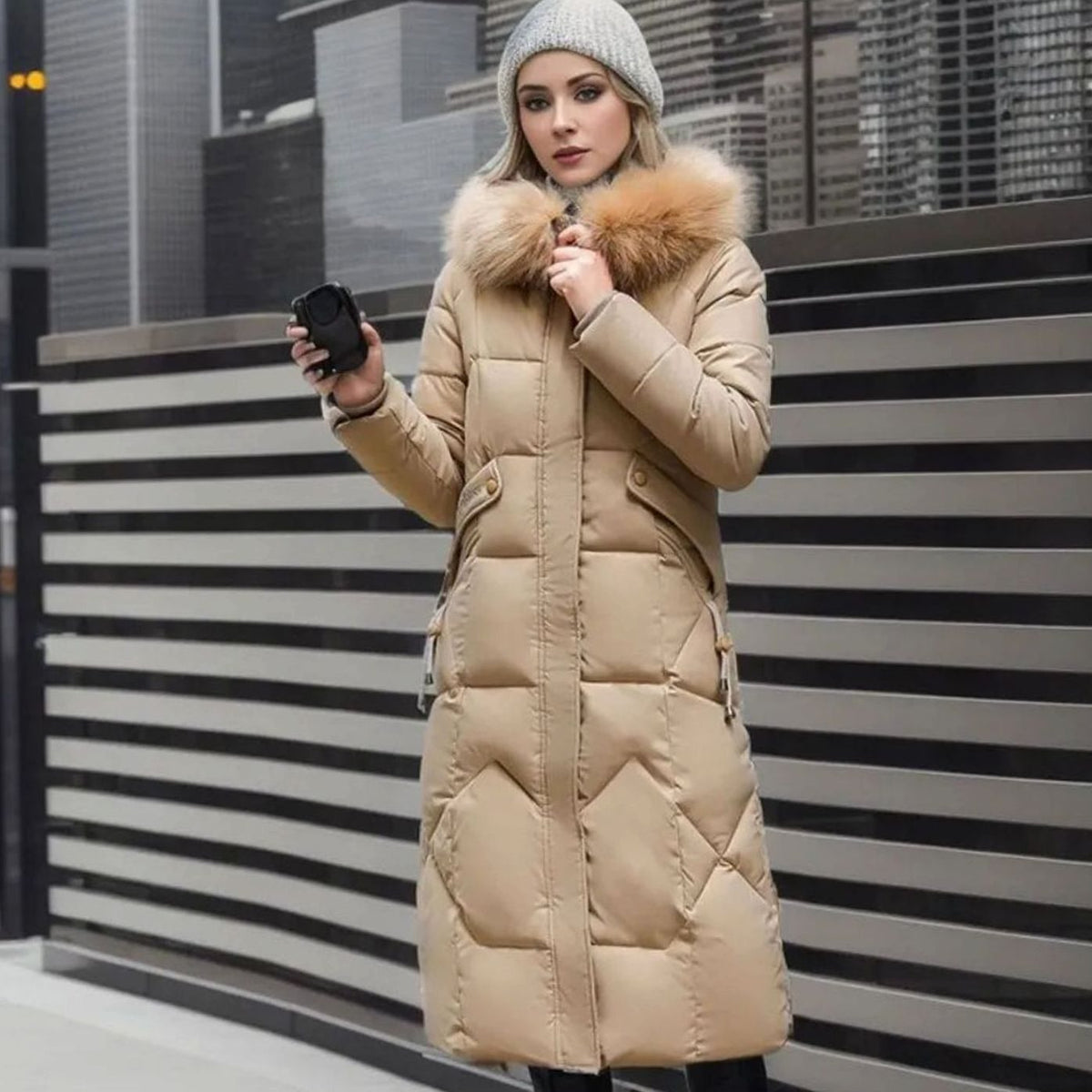 Women's Long Hooded Fur-Trim Quilted Coat