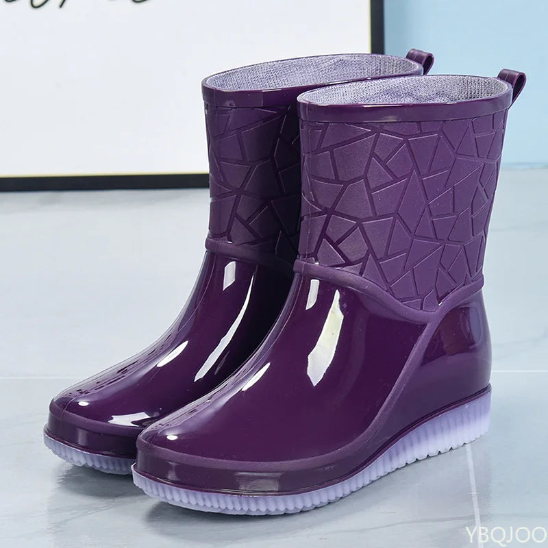Women's Mid-Calf Waterproof Patterned Rain Boots with Non-Slip Sole